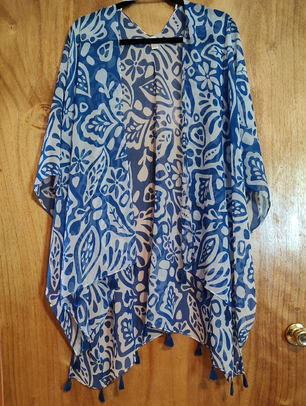 Cato Sheer Coverup Kimono Blue White Abstract Floral Tassels Boho Topper Swim OS